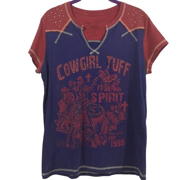 Cowgirl Tuff Tops - Cowgirl Tuff Red Blue Cotton V-neck Cap Sleeve Studded Rodeo Western Tee Large